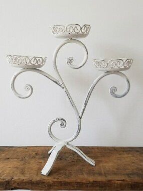 Vintage Wrought Iron Candelabra 3-Arm Candle Holder White Distressed 15" Cottage
